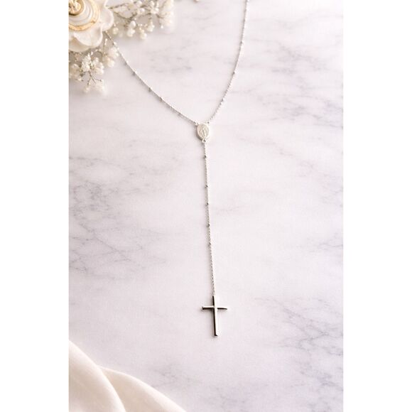 Miraculous Medal and Cross Necklace - Blessed Mother Jewelry  Sterling Silver Rosary Necklace Lariat Style Miraculous Medal & Cross Pendant